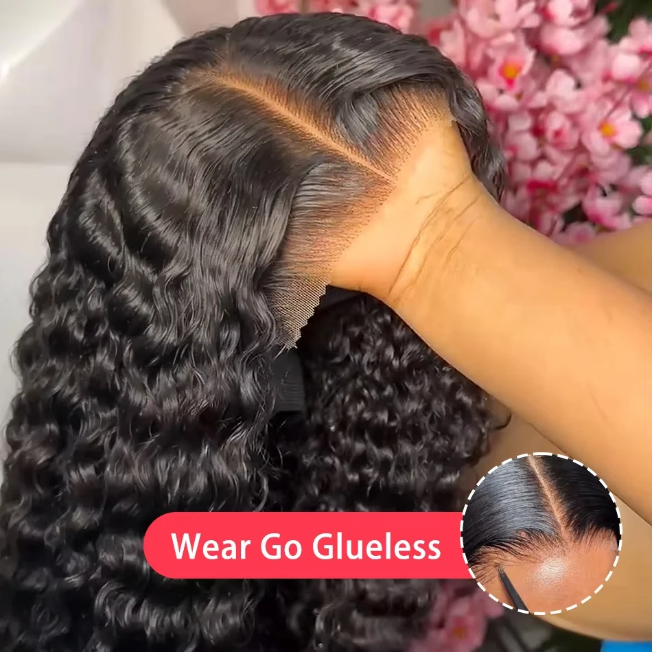 Curly Human Hair Wigs For Women Deep Wave Wear & Go Glueless Pre-Cut Lace Wig Pre-Plucked Natural Black Water Wave Glueless Wig